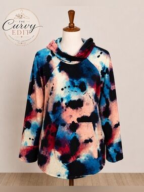 LulaRoe Abstract Print Hoodie | 2XL Boho Cozy Funnel Neck Tie Dye